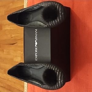 Authentic Emporio Armani Black & Silver Flat Size 10 with Faux Mink Ball Clip